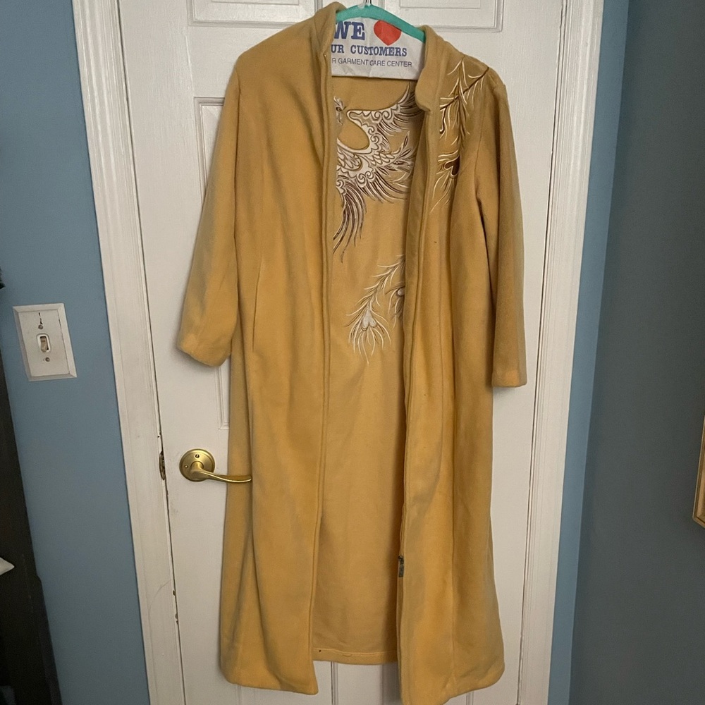 Bob Mackie fleece Long Mustard Coat with Embroidered Back